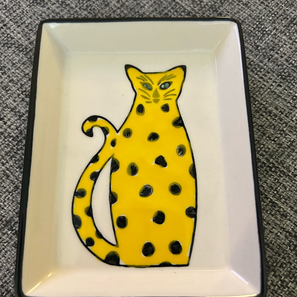 West Elm Fairy Tale Yellow Ceramic Cat Tray with Black Spot Accents